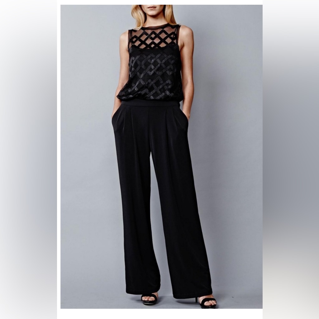 Julia Jordan Mesh Lattice Overlay Jumpsuit Black Illusion Neck Wide Leg Formal